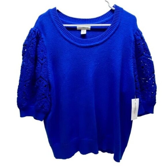 Liz Claiborne Women's 0X Knit Sweater Top Deep Royal Crochete Short Sleeves NWT - Picture 1 of 15